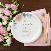 誕生日バラ金ゴールド花模様ユーカリ名 ペーパープレート