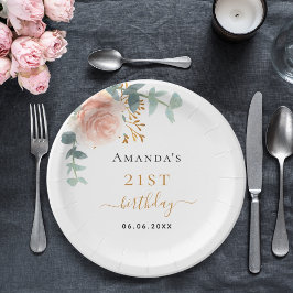 誕生日バラ金ゴールド花模様ユーカリ名 ペーパープレート