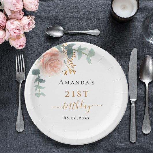 誕生日バラ金ゴールド花模様ユーカリ名 ペーパープレート