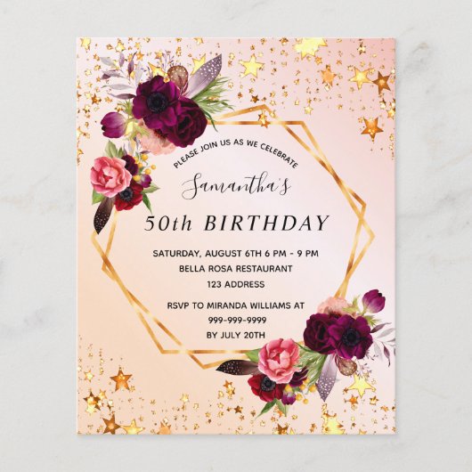 誕生日バラ金ゴールド花模様予算の招待 チラシ (正面)