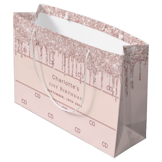 誕生日バラ金ゴールド赤面グリッターモノグラムイニシャル ラージペーパーバッグ (裏面アングル)