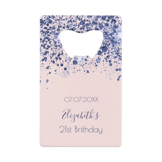 誕生日バラ金ゴールド赤面ネイビーブルーグリッター名 クレジットカード栓抜き (正面)