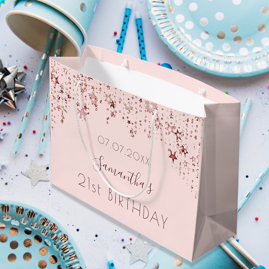 誕生日バラ金ゴールド赤面ピンク星モノグラム ラージペーパーバッグ