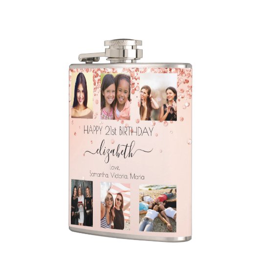 誕生日バラ金ゴールド赤面フォトコラージュの友だち フラスク (左)