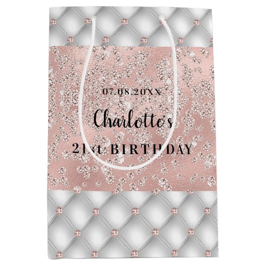 誕生日バラ金ゴールド銀グリッターカスタム贅沢 ミディアムペーパーバッグ (正面)