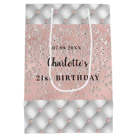 誕生日バラ金ゴールド銀グリッターカスタム贅沢 ミディアムペーパーバッグ (裏面)