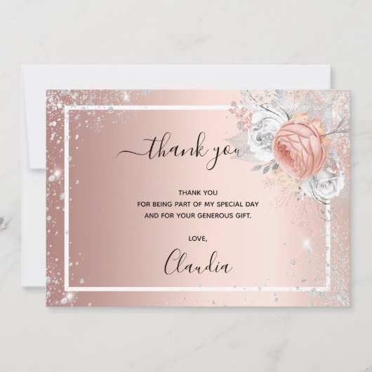 誕生日バラ金ゴールド銀グリッター花模様写真 サンキューカード (正面)