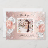 誕生日バラ金ゴールド銀グリッター花模様写真 サンキューカード (裏面)