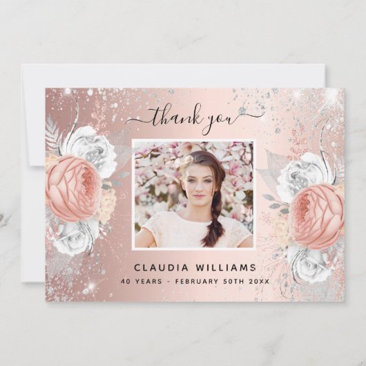 誕生日バラ金ゴールド銀グリッター花模様写真 サンキューカード (裏面)