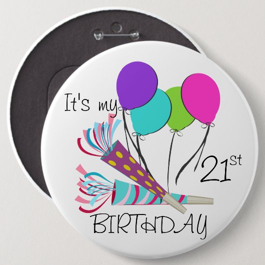 誕生日バルーンとパーティーホーン 缶バッジ (正面&裏面)