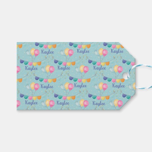 誕生日バルーンと星オンブルー ギフトタグ (正面(横))