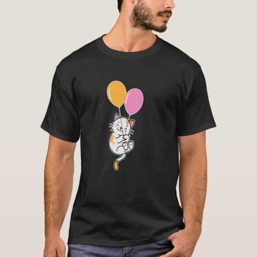 誕生日バルーンと浮き輪を持つ猫 Tシャツ (正面)