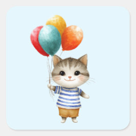 誕生日バルーンの子猫 | かわいいパーティーのお祝い スクエアシール