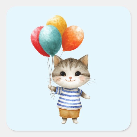 誕生日バルーンの子猫 | かわいいパーティーのお祝い スクエアシール (正面)