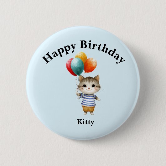 誕生日バルーンの子猫 | かわいいパーティーのお祝い 缶バッジ (正面)