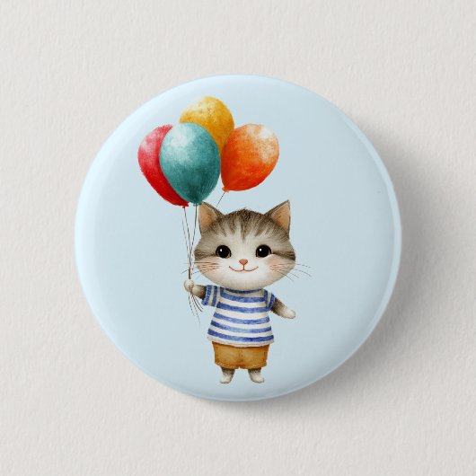 誕生日バルーンの子猫 | かわいいパーティーのお祝い 缶バッジ (正面)