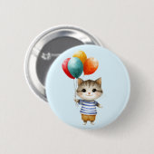 誕生日バルーンの子猫 | かわいいパーティーのお祝い 缶バッジ (正面&裏面)