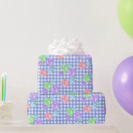 誕生日バルーンの青いギンガムラッピング紙 ラッピングペーパー