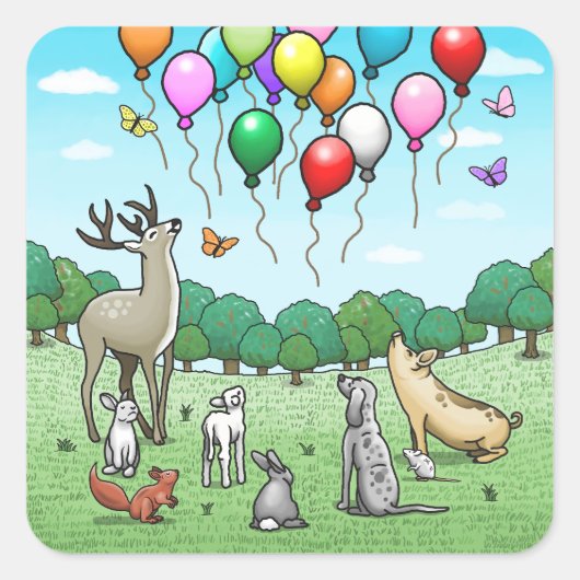 誕生日バルーンを持つ動物たち スクエアシール (正面)