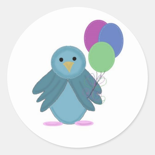 誕生日バルーンを持つ小鳥 ラウンドシール (正面)