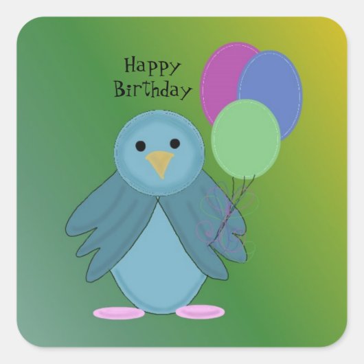 誕生日バルーンを持つ鳥 スクエアシール (正面)