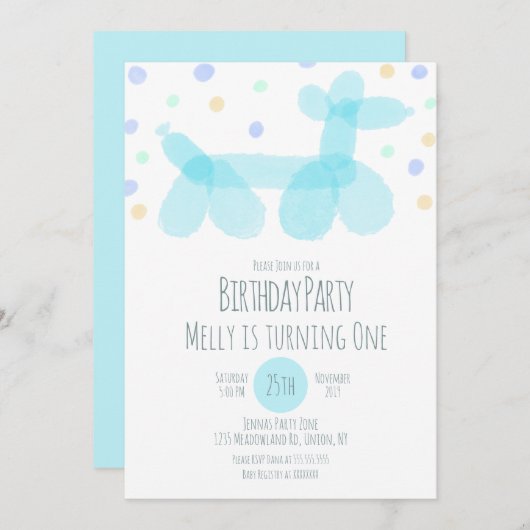 誕生日バルーンアニマルズブルーパステル招待状 招待状 (正面/裏面)