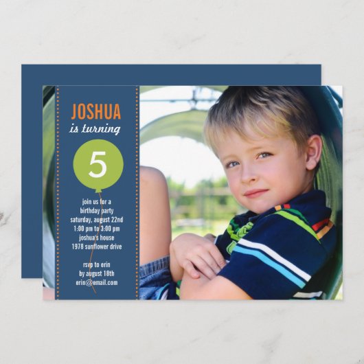 誕生日バルーンフォト誕生日招待状-ネイビー 招待状 (正面/裏面)