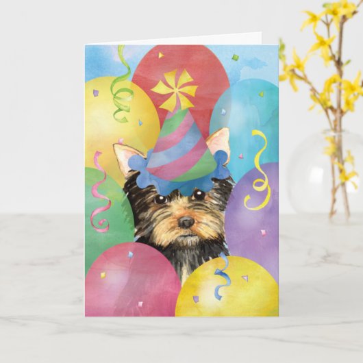 誕生日バルーンヨークシャーテリア カード (黄色い花)