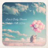 誕生日バルーン付き可愛いハリネズミ、カスタマイズ可能 スクエアペーパーコースター (正面)