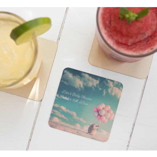 誕生日バルーン付き可愛いハリネズミ、カスタマイズ可能 スクエアペーパーコースター