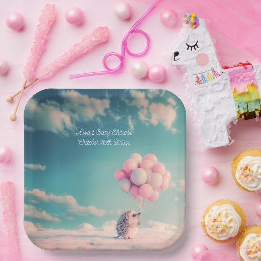 誕生日バルーン付き可愛いハリネズミ、カスタマイズ可能 ペーパープレート (パーティー)