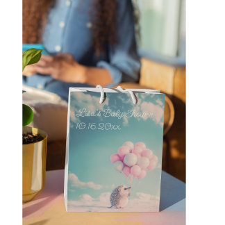 誕生日バルーン付き可愛いハリネズミ、カスタマイズ可能 ミディアムペーパーバッグ