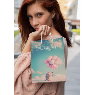 誕生日バルーン付き可愛いハリネズミ、カスタマイズ可能 ミディアムペーパーバッグ