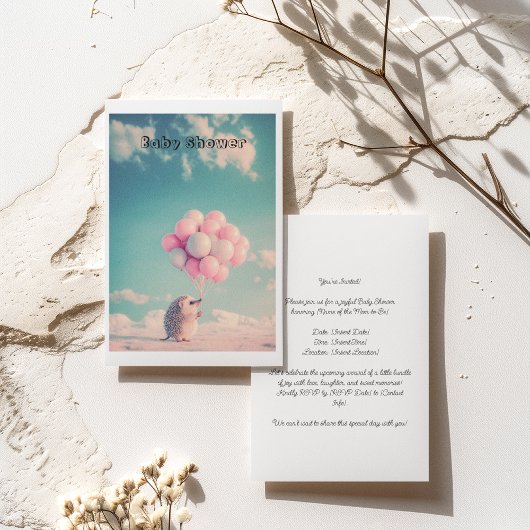 誕生日バルーン付き可愛いハリネズミ、カスタマイズ可能 招待状