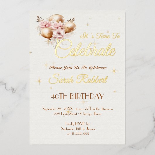 誕生日バルーン実在金ゴールド 箔招待状 (正面)