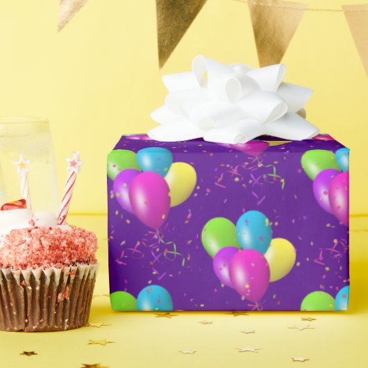 誕生日バルーン(紫の紙吹雪付き) ラッピングペーパー (誕生日パーティー)