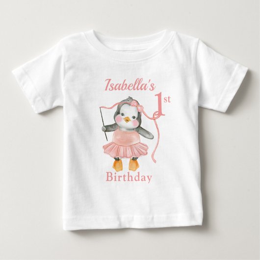 誕生日バレリーナペンギンピンク ベビーTシャツ (正面)