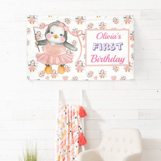 誕生日バレリーナペンギンピンク 横断幕 (インサイチュ)