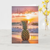 誕生日パイナップルオンサンセットビーチ カード (黄色い花)