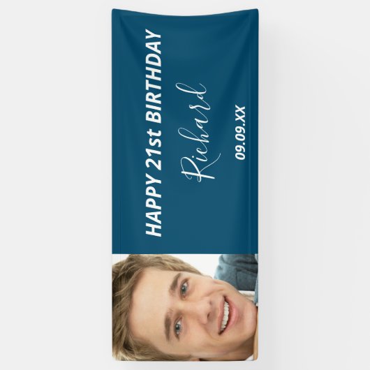 誕生日パカスタムーティー写真ブルー白モダン男 横断幕 (縦)