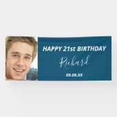 誕生日パカスタムーティー写真ブルー白モダン男 横断幕 (横)