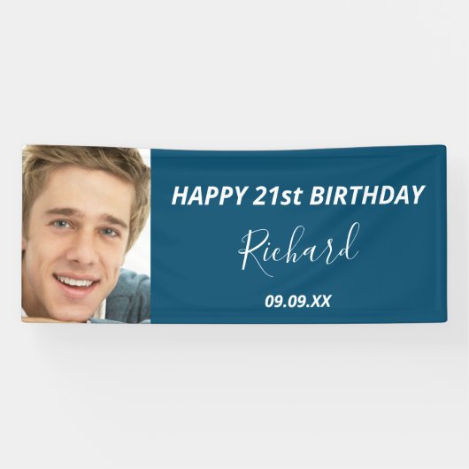 誕生日パカスタムーティー写真ブルー白モダン男 横断幕 (横)