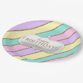 誕生日パステルストライプユニコーン誕生日レインボー ペーパープレート (アングル)