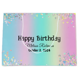 誕生日パステルホログラフィックピンクパープルグリッター ラージペーパーバッグ