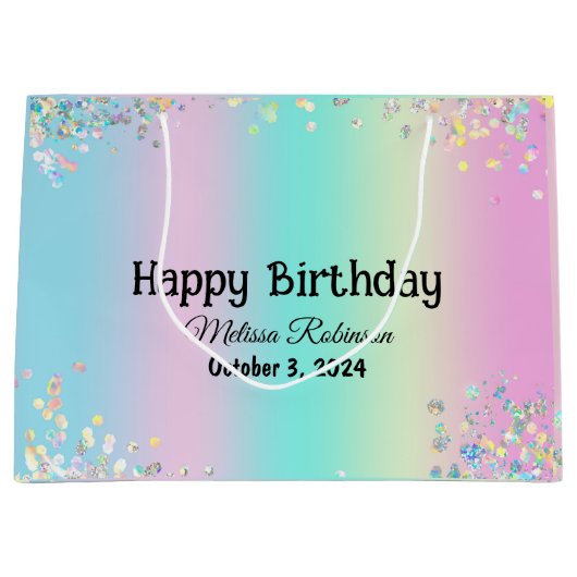 誕生日パステルホログラフィックピンクパープルグリッター ラージペーパーバッグ (正面)