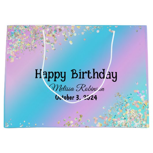 誕生日パステルホログラフィックピンクパープルグリッター ラージペーパーバッグ (正面)