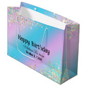 誕生日パステルホログラフィックピンクパープルグリッター ラージペーパーバッグ (正面アングル)