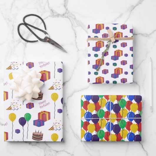 誕生日パターンラッピング紙フラットシートセット3 ラッピングペーパーシート (正面)