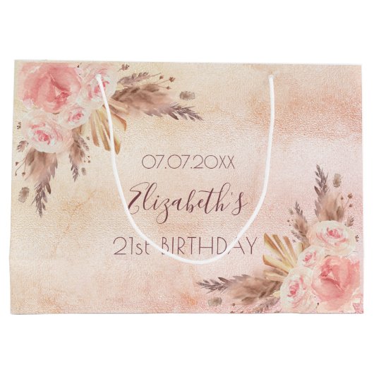 誕生日パンパスグラスバラ金ゴールドピンクフローラ ラージペーパーバッグ (裏面)