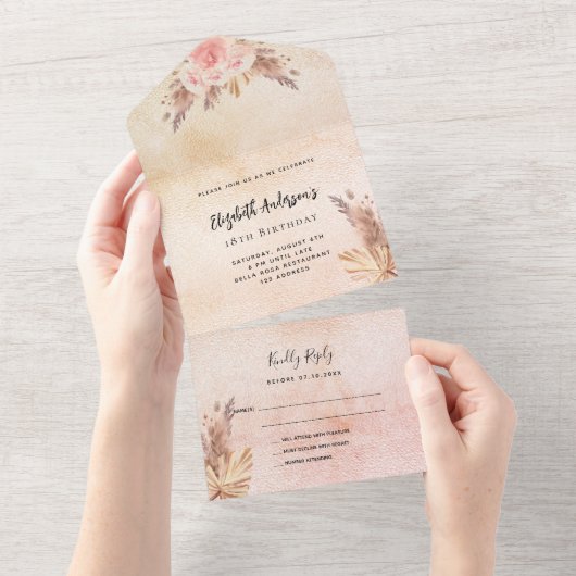 誕生日パンパスグラス赤面バラピンク花模様RSVP オールインワン招待状 (貼ってはがせる)